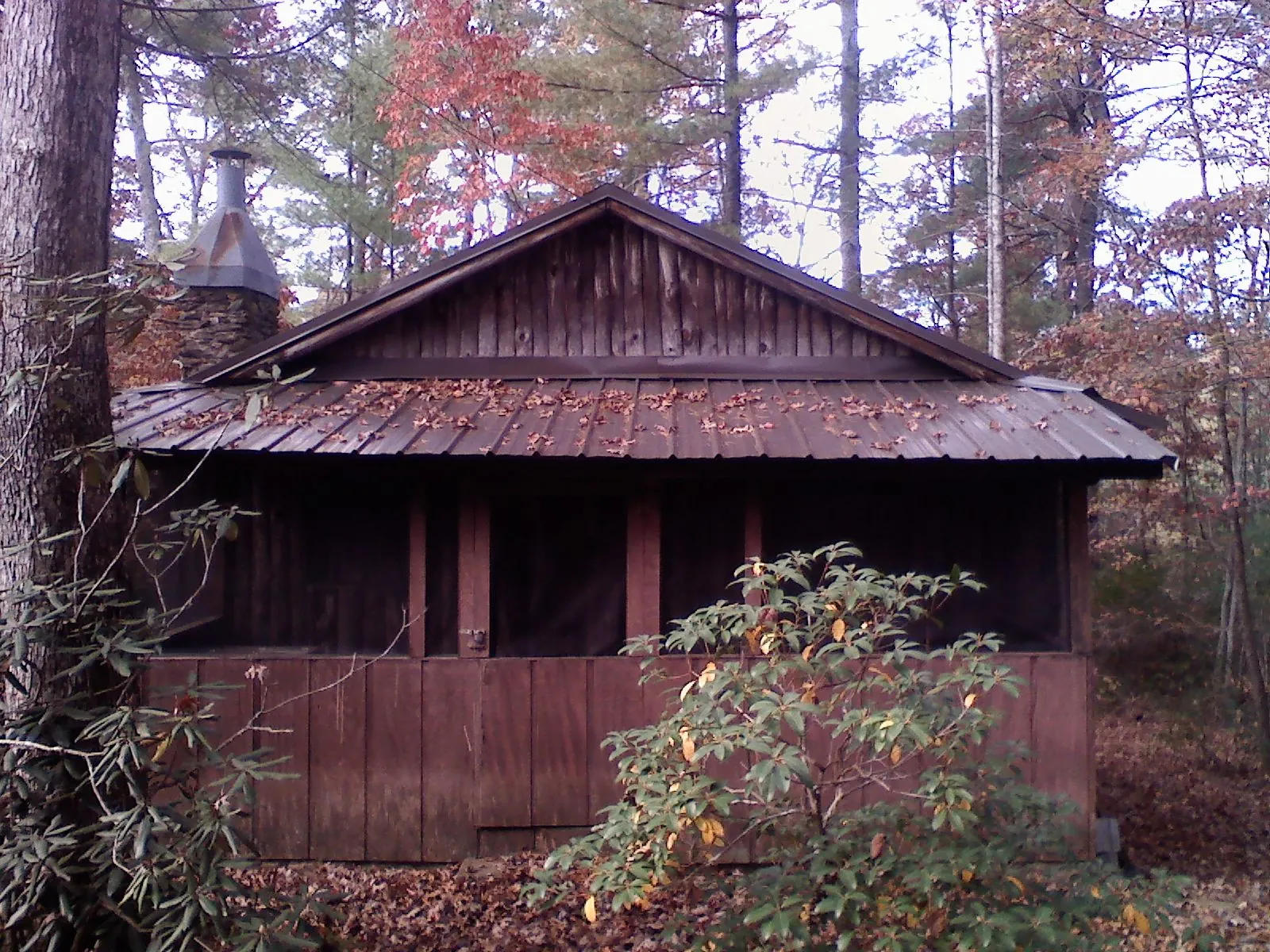 Metal roof over the screened porch of a rustic cabin in Rockland